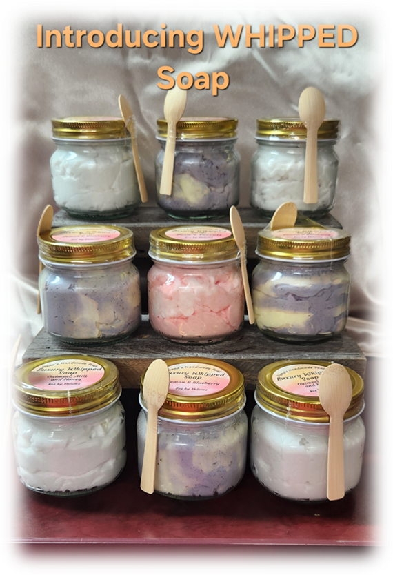 Jars of whipped soap with spoons on a white background, introducing 'WHIPPED Soap'.